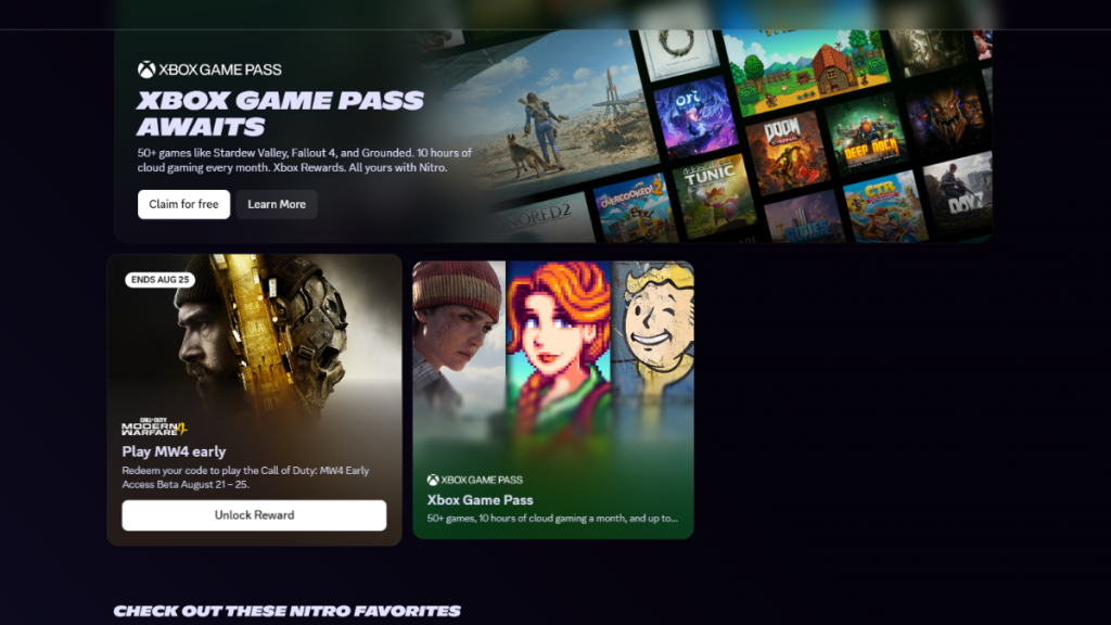 Búsqueda de la promoción Call of Duty en la pestaña Nitro Home de Discord