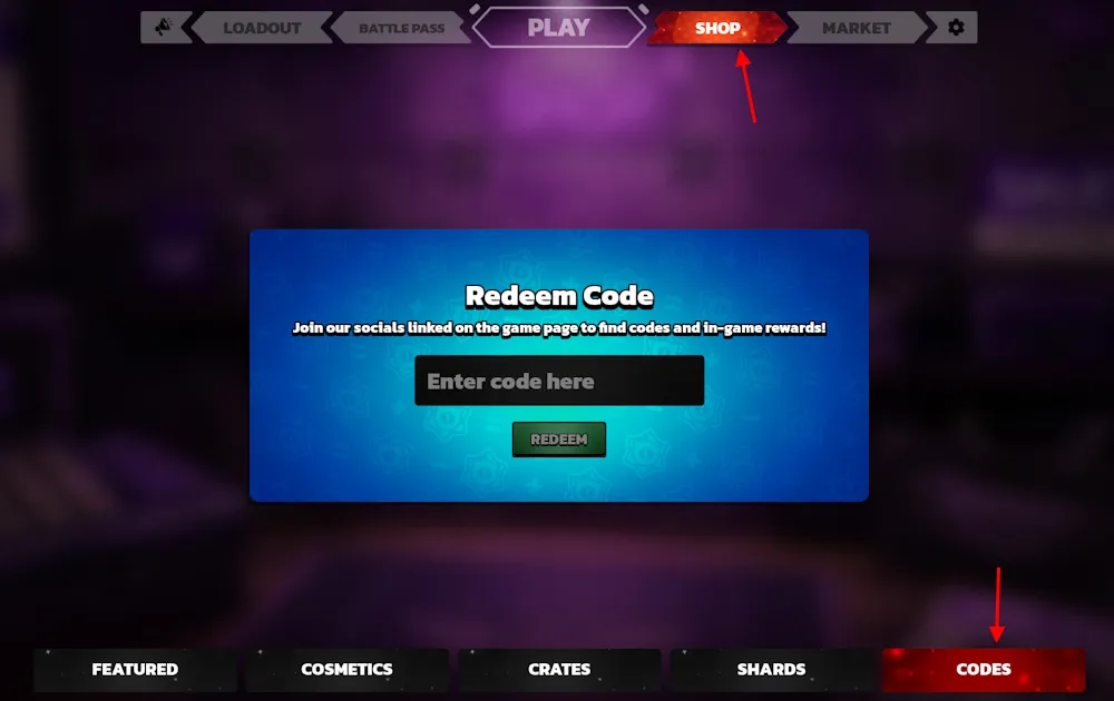 Pantalla de canje de códigos en Killstreak