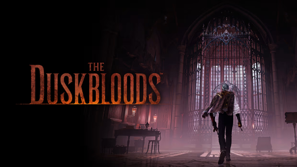 The Duskbloods promo image featuring the promotional character walking inside a cathedral