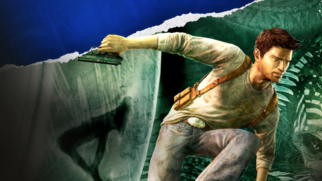 Nathan Drake with a gun vaulting over in Uncharted: Drake's Fortune, prequel to Uncharted 2: Among Thieves.