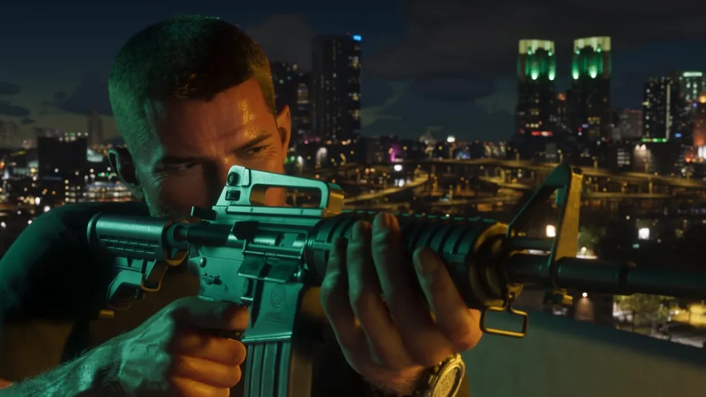 GTA 6 jason holding gun at night