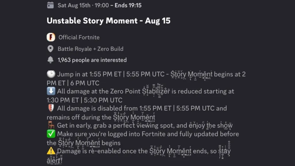 Fortnite Unstable live event duration in the official Discord server