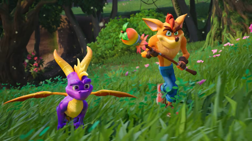 Crash y Spyro corriendo juntos en el mapa de Fortnite C7S4