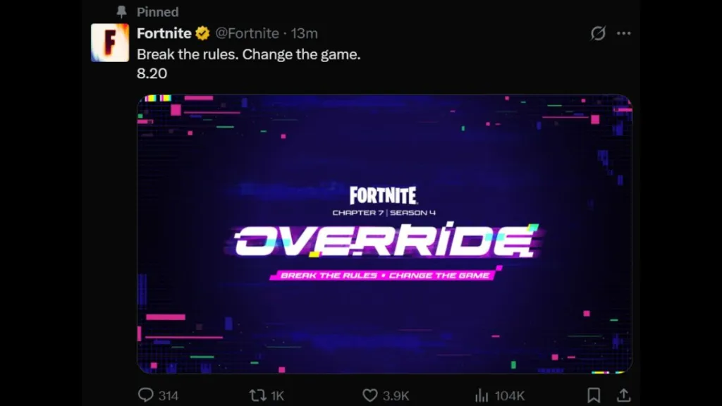 Fortnite X post for Chapter 7 Season 4: Override