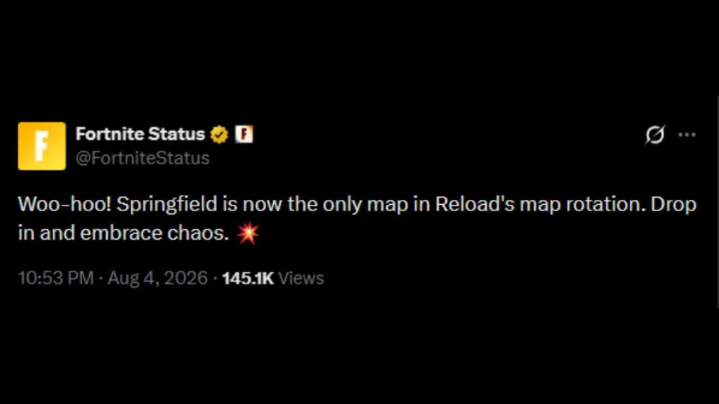 Snap del tweet de Fortnite Status sobre Springfield Reload