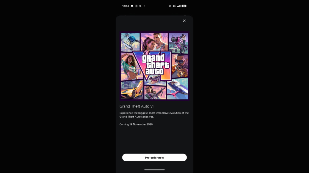Ventanas emergentes de preorden de GTA 6 en la app PlayStation