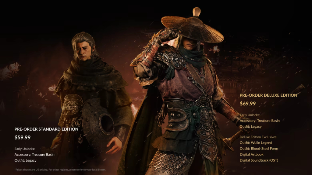 Phantom Blade Zero pre-order editions, featuring the pre-order bonuses and the deluxe edition bonuses.
