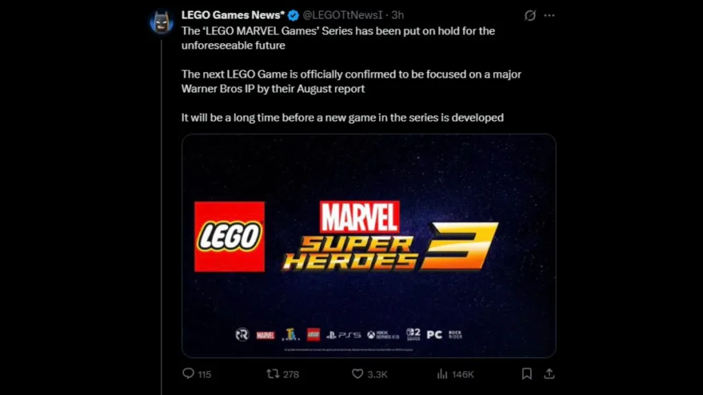 X post sobre el abandono de LEGO Marvel Games