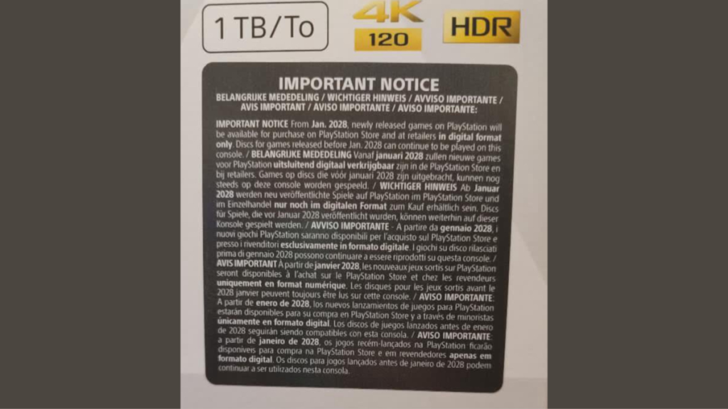 Nueva caja PS5 con aviso de fin de producción de discos físicos