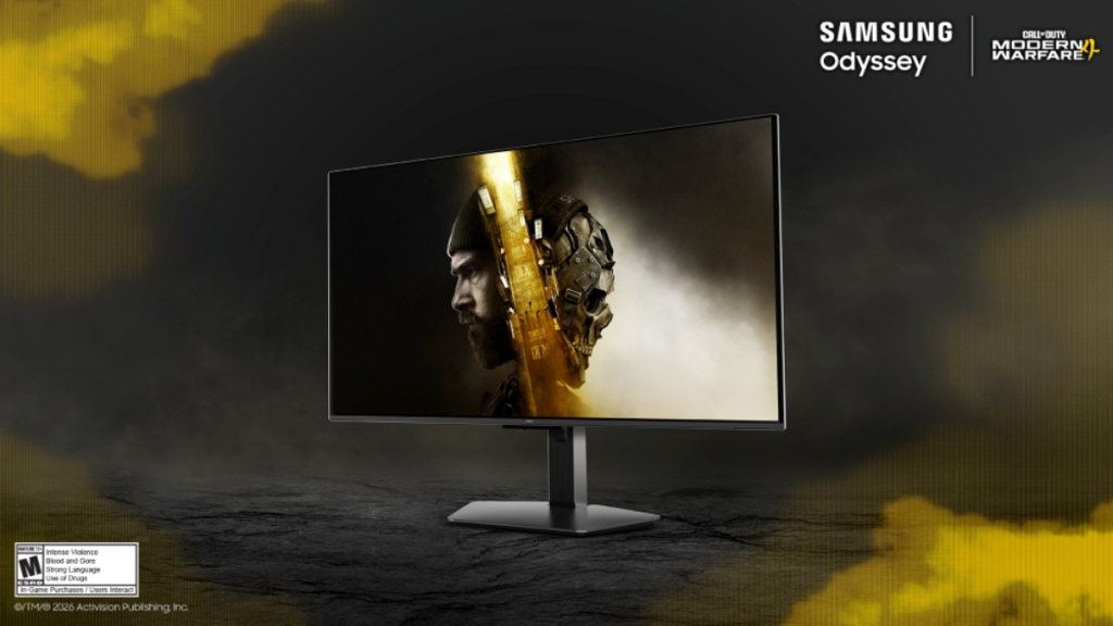 Samsung x Call of Duty: Modern Warfare 4 promotion featuring the Odyssey ultrawide monitor with the game's promo art on a greyish/yellow background.