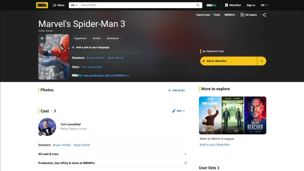 Insomniac's Spider-Man 3 IMDb page