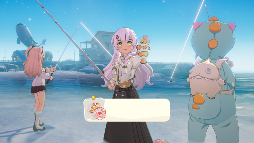 Starsand Island Update 1.0 screenshot featuring an islander with her friends fishing.