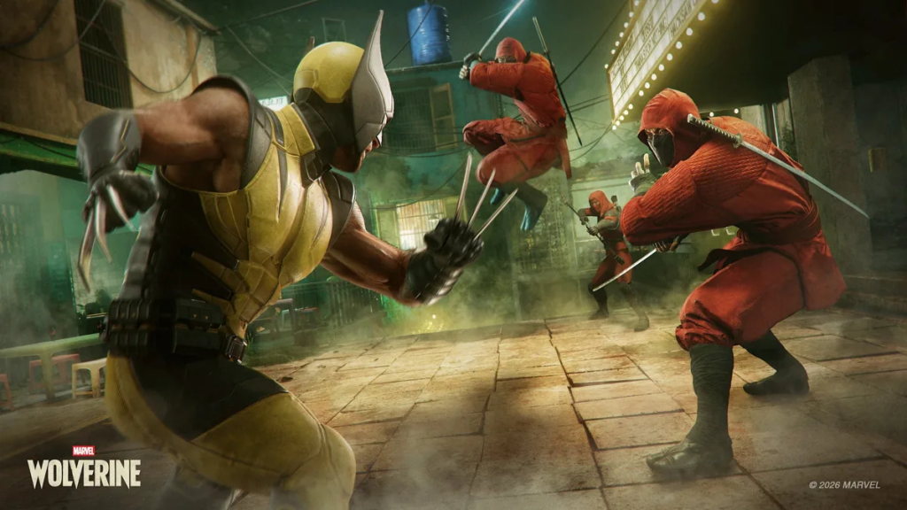 Marvel's Wolverine screenshot featuring Logan fighting The Hand in Madripoor (low-town).